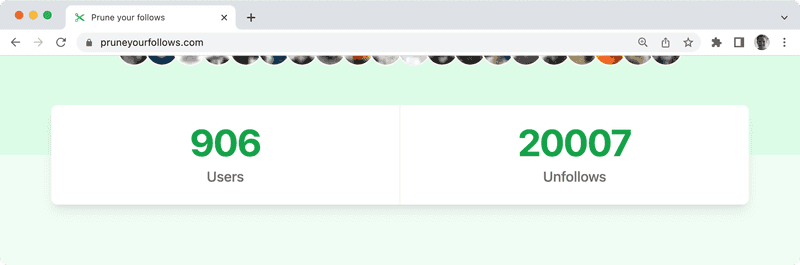 Screengrab showing that Prune your Follows has 907 users and has facilitaded over 20.000 unfollows